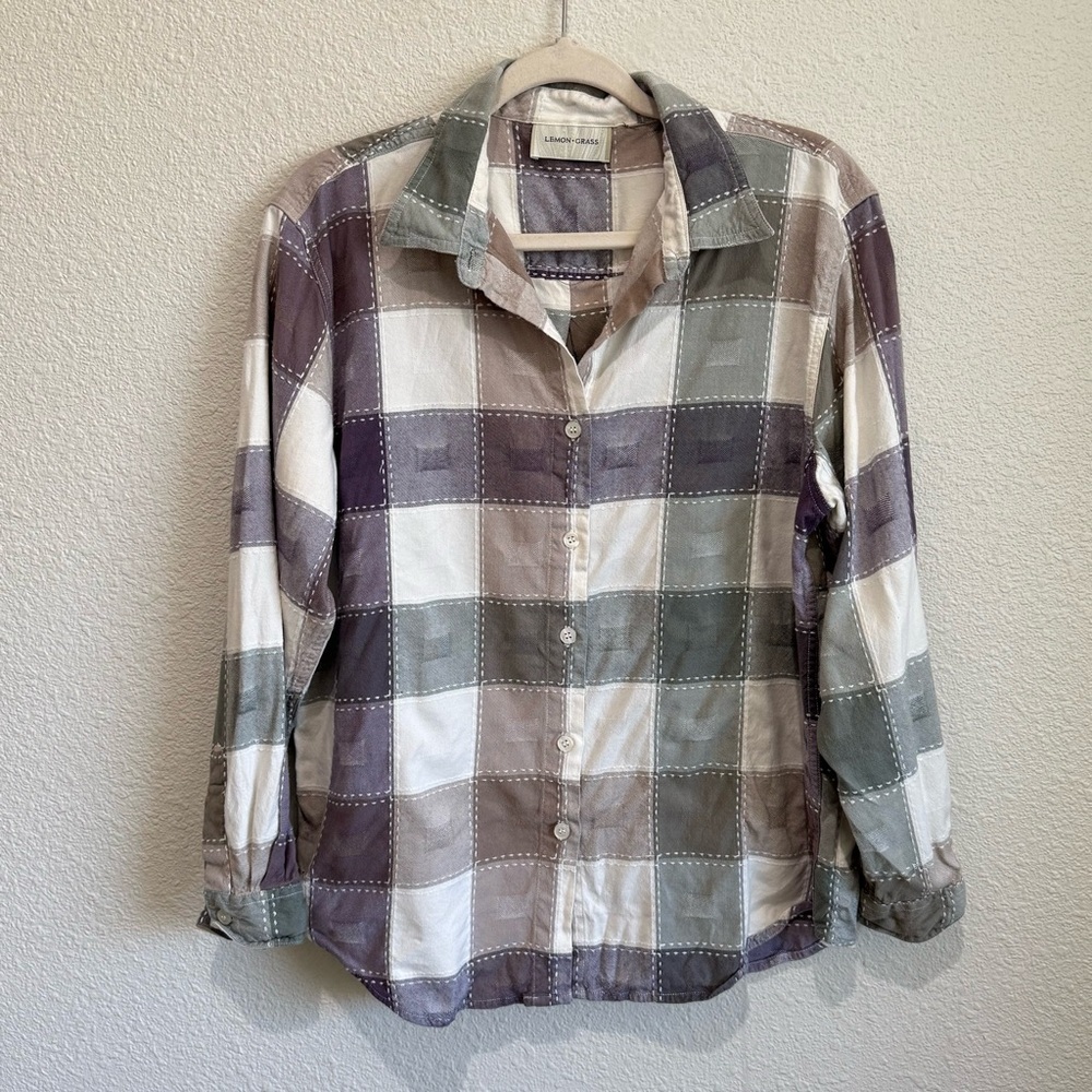 VTG Lemongrass Womens Large Patchwork Button Down Lightweight Fall Boho Colorful